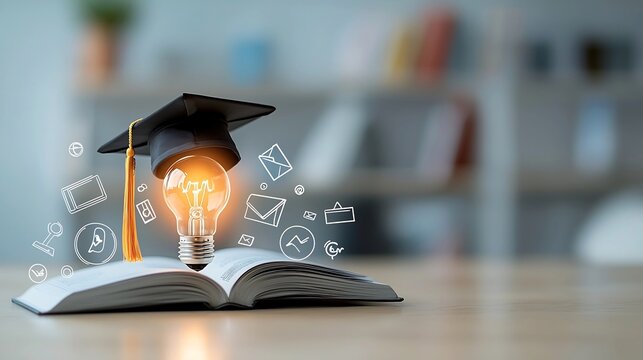 An educational theme with a glowing lightbulb sitting on an open book capped with a graduation hat surrounded by icons of online learning and e degree concepts set in a dreamy bokeh environment