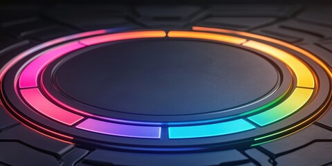 A vibrant color wheel with illuminated segments, set against a dark background, evoking a sense of creativity and digital design.