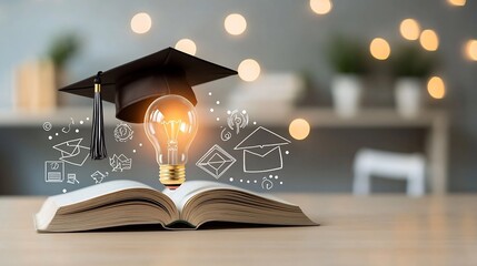 A visually engaging education themed scene with a glowing lightbulb on top of an open book topped by a graduation hat surrounded by symbols of e learning and online degrees