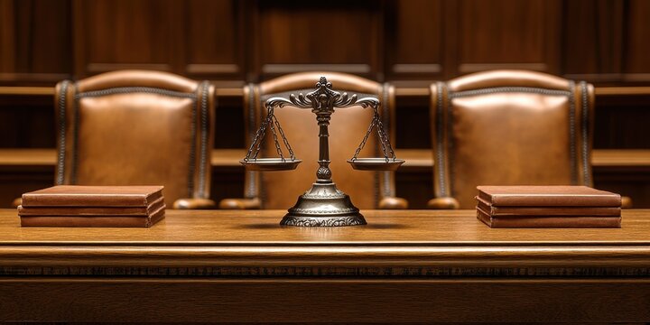 A traditional courtroom setting with polished wooden furniture, ornate scales of justice, and leather-bound books signifying the rule of law and justice
