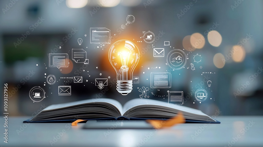 Poster Conceptual representation of online education with a bright lightbulb atop an open book and a graduation hat surrounded by floating icons for digital courses and e learning