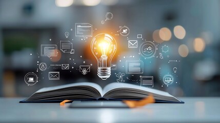 Conceptual representation of online education with a bright lightbulb atop an open book and a graduation hat surrounded by floating icons for digital courses and e learning