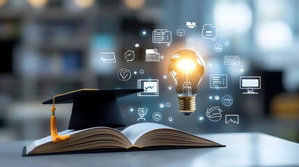 A conceptual representation of the modern era of online education featuring a bright lightbulb atop an open book and a graduation hat surrounded by floating digital course and e learning icons