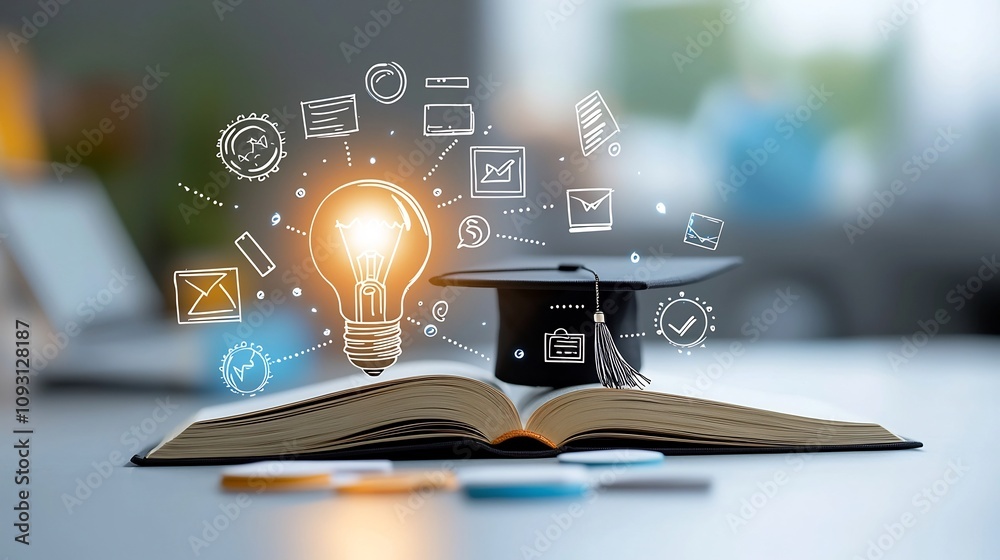 Poster Symbolic Image of Education Featuring a Luminous Lightbulb on an Open Book with a Graduation Cap Surrounded by Digital Course and E Learning Icons Enhanced by a Soft Dreamy Bokeh Effect