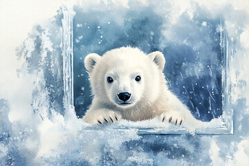 Naklejka premium Рolar bear in the snow Polar bear looking into it. Cartoon style illustration with snowfall, snowflakes and snow.