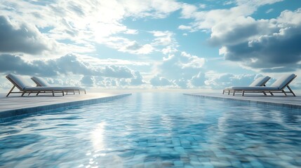 Obraz premium Minimalist outdoor pool, sleek stone tiles surrounding the area, stylish loungers neatly arranged, calm water reflecting the blue sky, serene and peaceful atmosphere, high-definition photorealism,