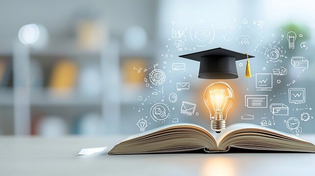 Symbolic image of education featuring a luminous lightbulb on an open book with a graduation cap surrounded by digital course and e learning icons enhanced by a soft dreamy bokeh effect