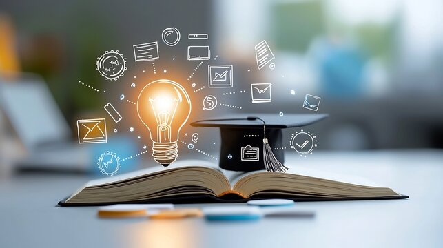 Symbolic Image of Education Featuring a Luminous Lightbulb on an Open Book with a Graduation Cap Surrounded by Digital Course and E Learning Icons Enhanced by a Soft Dreamy Bokeh Effect