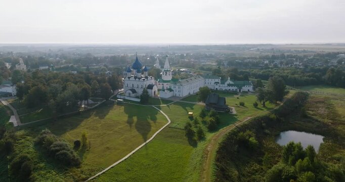 Suzdal Kremlin. Russian city with orthodox churches and monasteries. Aerial 2015