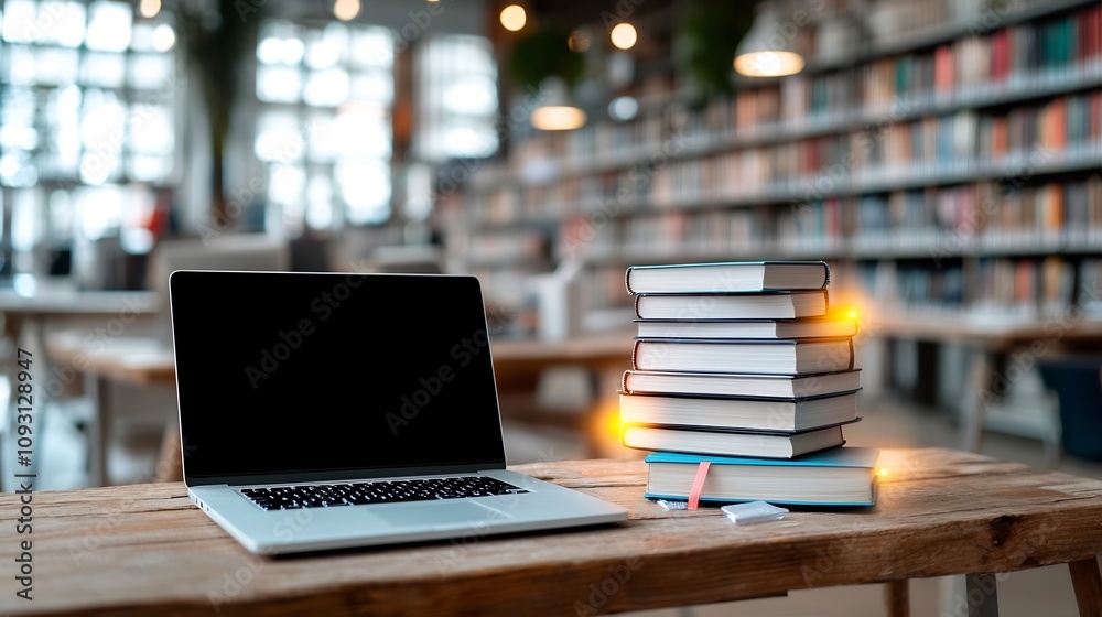 Poster vibrant digital learning scene showcasing a laptop and a stack of glowing books on a rustic wooden t