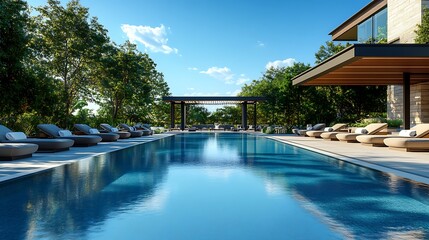 Obraz premium Modern outdoor pool with sleek, clean lines, crystal-clear water reflecting the blue sky, stylish sun loungers neatly aligned, a contemporary pergola providing shade, minimalist design, sharp focus,
