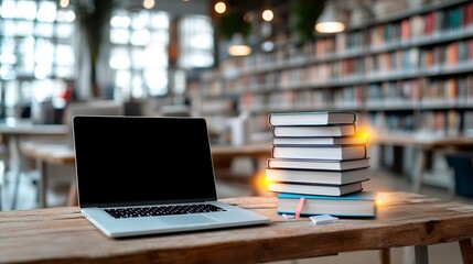 Vibrant digital learning scene showcasing a laptop and a stack of glowing books on a rustic wooden table surrounded by a blurred library ambiance