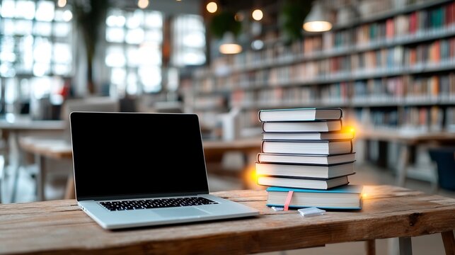 Vibrant digital learning scene showcasing a laptop and a stack of glowing books on a rustic wooden table surrounded by a blurred library ambiance - Powered by Adobe