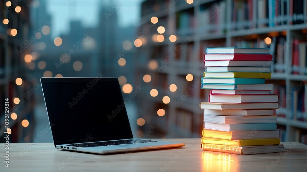 Poster a stack of radiant books beside a laptop on a wooden table showcasing the merging of digital technol