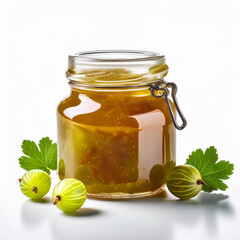 a jar of gooseberry jam isolated on white background 