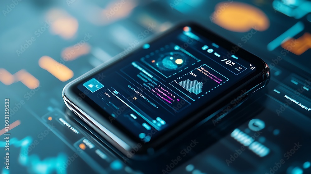 Poster futuristic smartphone displaying data analytics and graphs