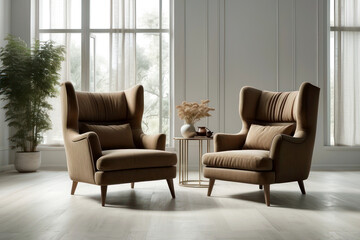 Brown armchairs in open space