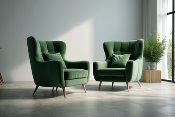 Two green designer armchairs