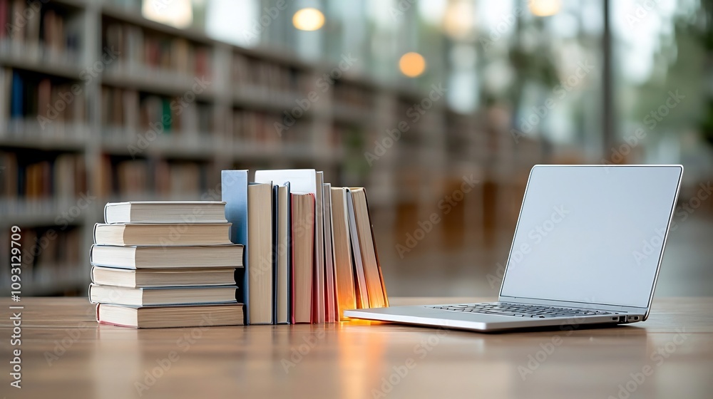 Aufkleber glowing pile of books next to a laptop on a wooden table symbolizing the fusion of traditional educa