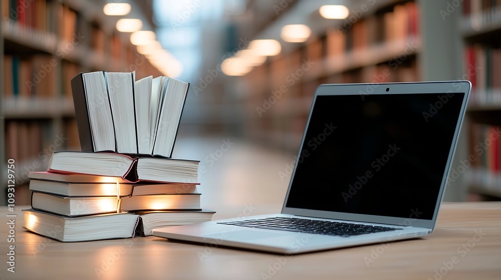 Aufkleber glowing laptop and illuminated books on a wooden table capturing the essence of online education a d