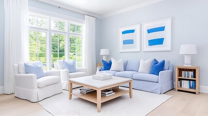 Serene Blue Living Room Decor Coastal Style, White Furniture, Natural Light