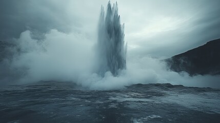 A majestic geyser erupts forcefully amidst a rugged landscape, surrounded by swirling mist and dramatic clouds under a brooding sky