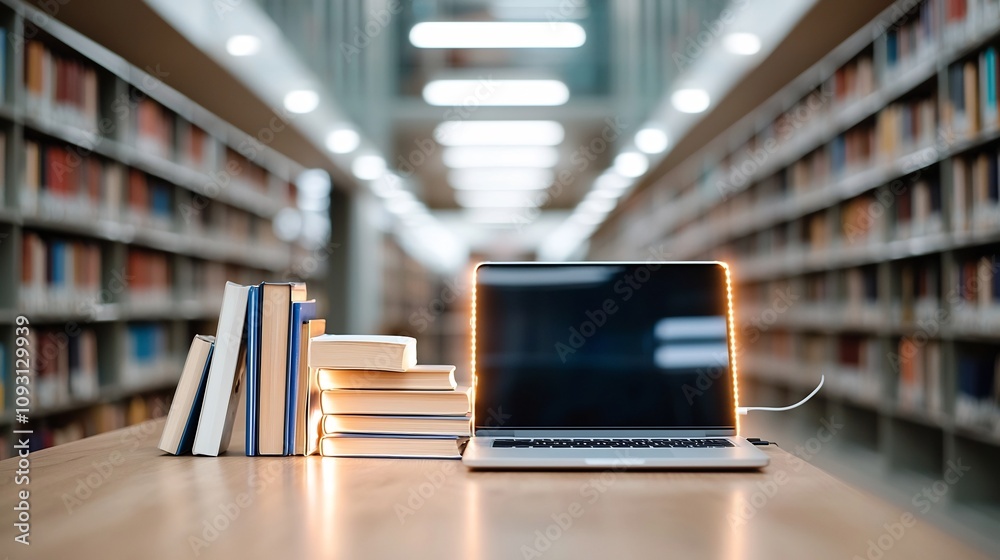 Aufkleber online education themed image showcasing a laptop and glowing books resting on a wooden surface set 