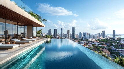 Fototapeta premium Modern rooftop pool with a panoramic city skyline, aerial view showcasing glass edges and sleek lounge chairs, vibrant reflections on the water, urban architecture in the background,