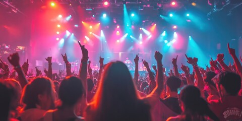 Excited crowd at a vibrant K-pop concert with colorful lights. AI generated