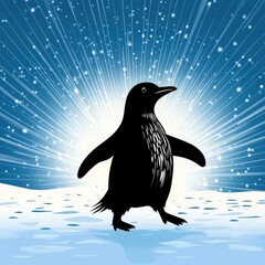 Silhouette of a Penguin Against a Bright Blue Background with Radiating Light Depicting a Winter Wonderland Scene Evoking Happiness and Joy