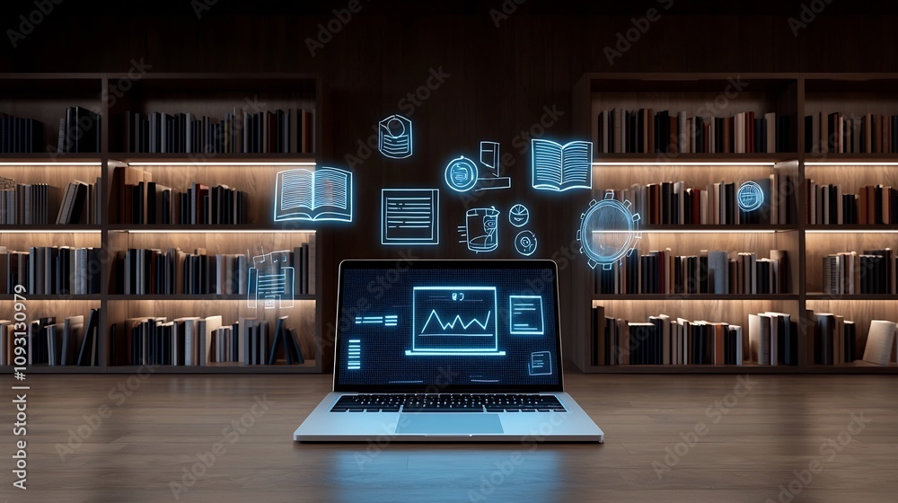 Aufkleber Digital Education Workspace with Floating Books and Educational Tools Displayed on Laptop Screen Surrounded by Softly Illuminated Bookshelves and Dark Wooden Background