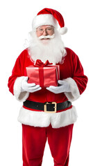 Naklejka premium Portrait of Happy Santa Claus holding gift isolated on white background