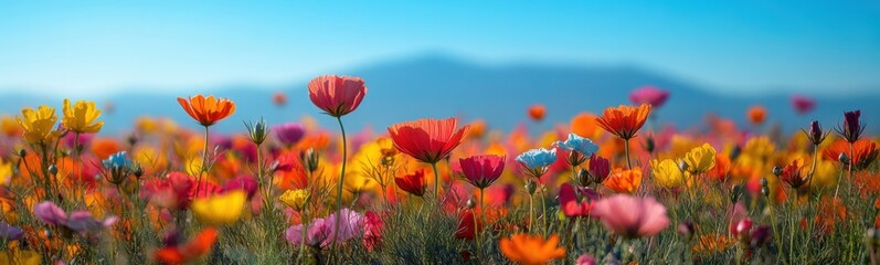 Obraz premium Brightly colored flowers in a field with mountains in the background