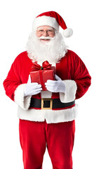 Naklejka premium Portrait of Happy Santa Claus holding gift isolated on white background