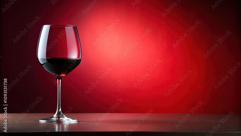 Aufkleber A single glass of red wine stands on a table against a vibrant red background, casting a soft shadow, creating a simple yet elegant still life.