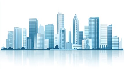 Modern Blue City Skyline Illustration Featuring Diverse Architectural Styles and A Clean Aesthetic for Use in Various Design Projects