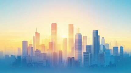 Fototapeta premium Modern City Skyline at Sunrise with Vibrant Colors and Soft Mist Creating a Serene Atmosphere in an Urban Landscape