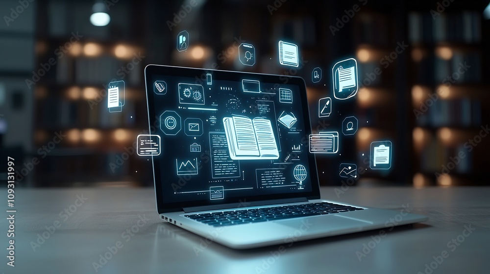 Poster a vibrant digital workspace featuring a laptop surrounded by floating educational icons books and gl