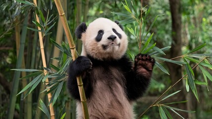 Obraz premium Playful Panda Cub Climbing Bamboo in Lush Forest Greenery