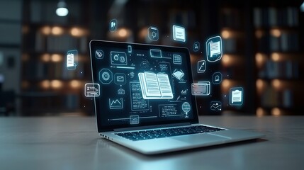 A vibrant digital workspace featuring a laptop surrounded by floating educational icons books and glowing shelves with dark wooden textures in the background