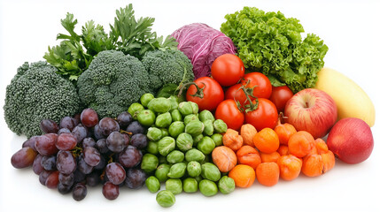 Assortment of fresh fruits and vegetables on white background..