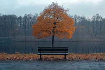 A serene scene of a lone bench facing a tranquil lake, overshadowed by a solitary tree with vibrant orange autumn leaves, amidst a densely wooded backdrop