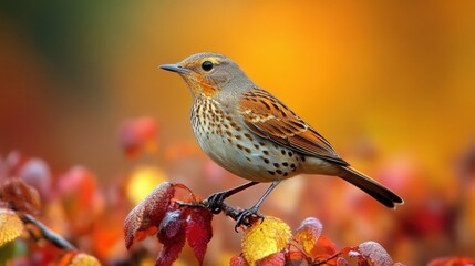 Fototapeta premium A vibrant songbird perched elegantly on colorful autumn foliage, absorbing the warm, golden ambiance of a peaceful forest setting during fall