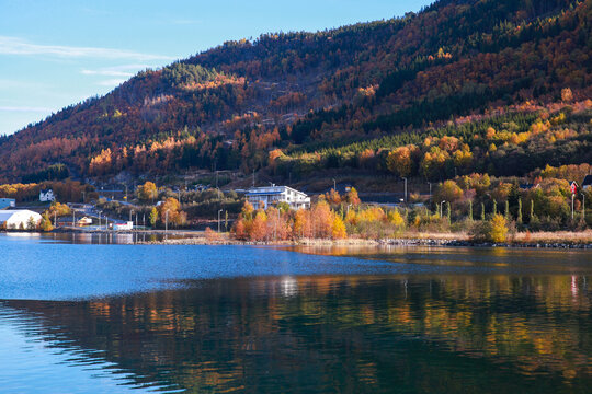 Orkanger, Norway. Coastal landscape with wooden houses