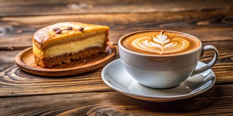 A cup of coffee with latte art and a slice of cake on a wooden table
