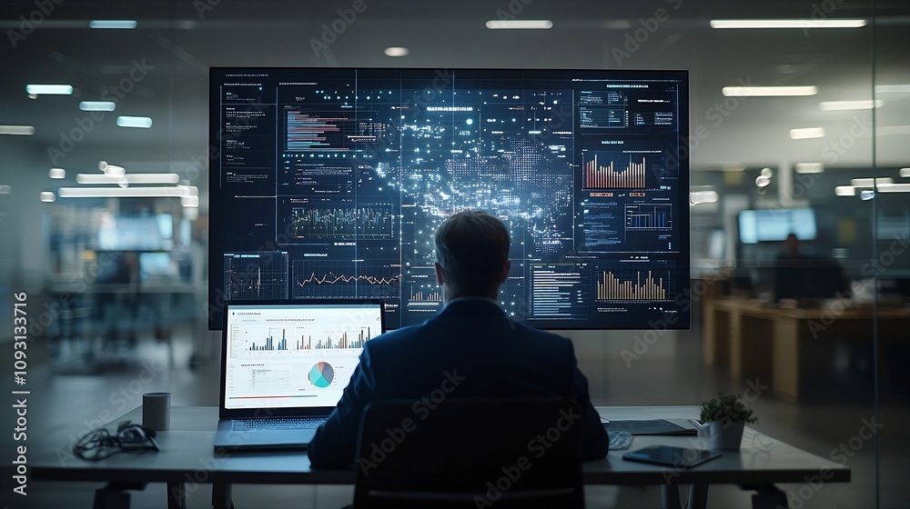 Aufkleber Glowing Futuristic Data Visualization Interface Projected Above Laptop Displaying Colorful Bar Charts Forecasting Growth from 2020 to 2025 in Dimly Lit Office Workspace