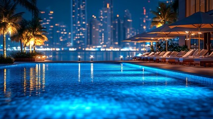 Nighttime scene of a luxury hotel pool, illuminated by warm golden lights, crystal clear water mirroring the vibrant city skyline, sleek poolside decor with stylish umbrellas,