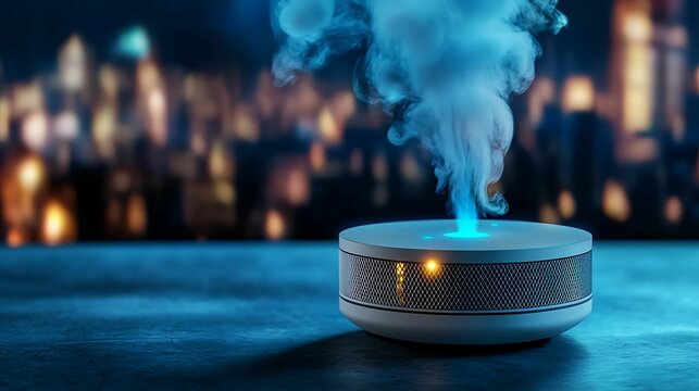 A sleek, modern diffuser emits aromatic steam, glowing with blue light, set against a blurred city skyline at night.