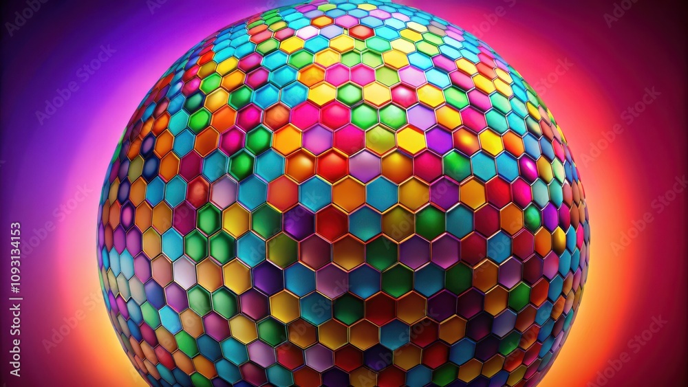 Poster A vibrant sphere composed of colorful hexagonal facets, a mesmerizing display of geometric patterns and rich hues
