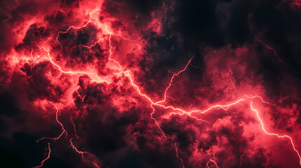 Red lightning on black sky background. Neon Lightning Strikes. Illustration